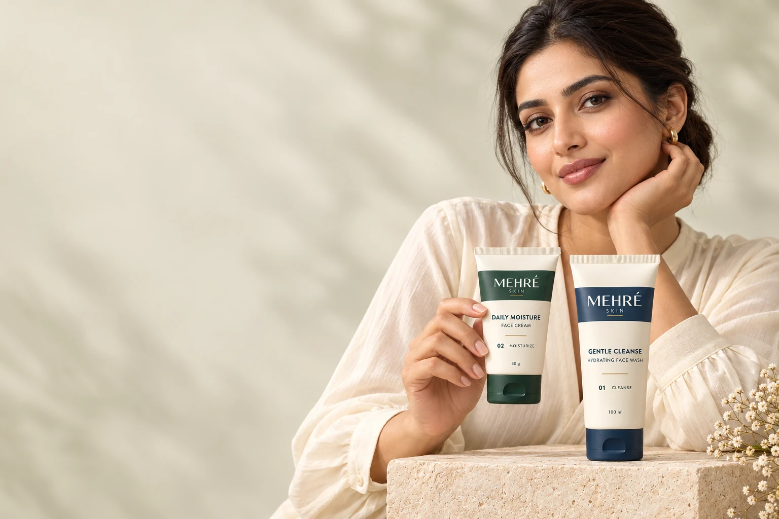 MEHRÉ SKIN model with Daily Moisture and Gentle Cleanse